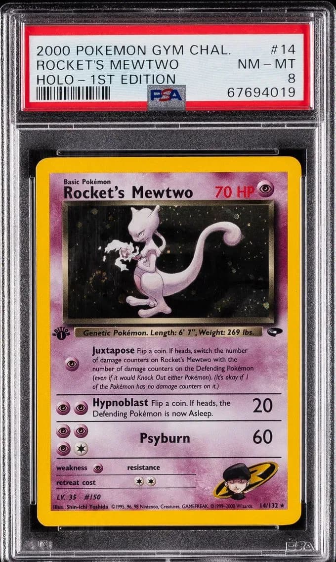 Rocket's Mewtwo Holo-1st Edition, Gym Challenge, PSA 8
