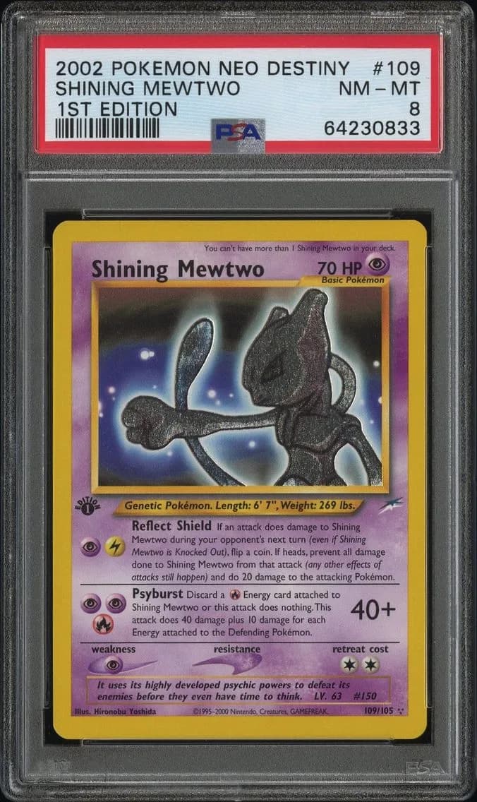Shining Mewtwo 1st Edition, Neo Destiny, PSA 8
